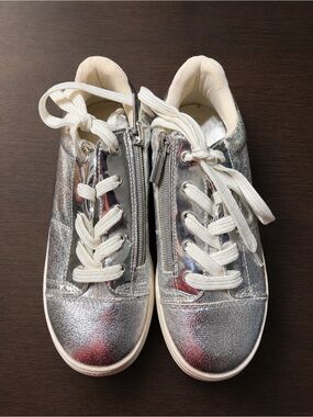 Kidpik Silver Metallic Lace-Up Sneakers with Side Zipper